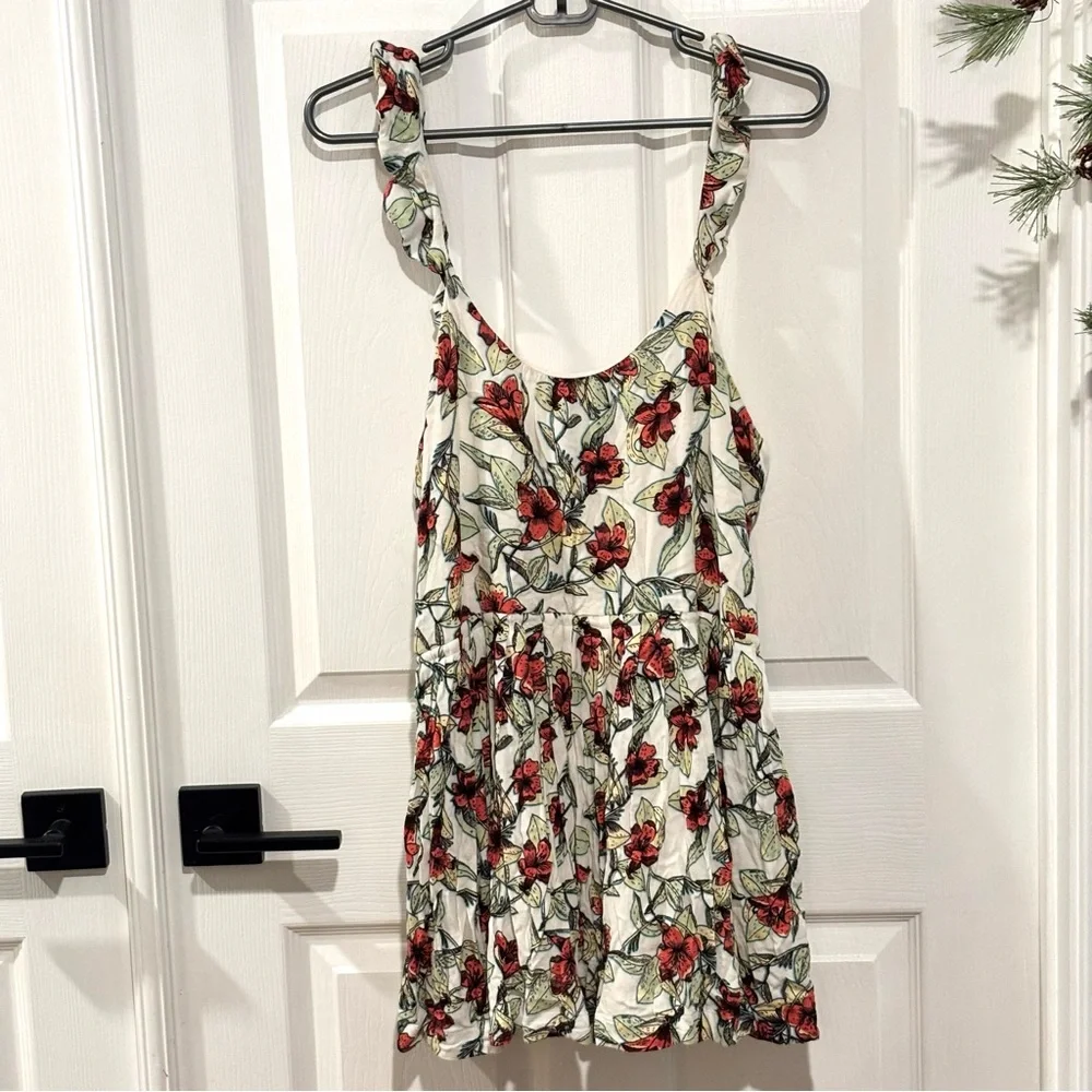 FREE PEOPLE Floral Tropical Ruffle Shoulder Side Tie‎ POCKETS Mini Dress SIZE XS